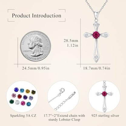 Cross Necklace for Women,925 Sterling Silver Faith Jewerly Gift - color: 07-July-Ruby