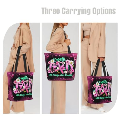 Bible Tote Bags for Women Christian Tote Bag Church Shoulder Bag Inspirational Bags With Zipper Christian Gift - color: With God All Things Are Possible 2