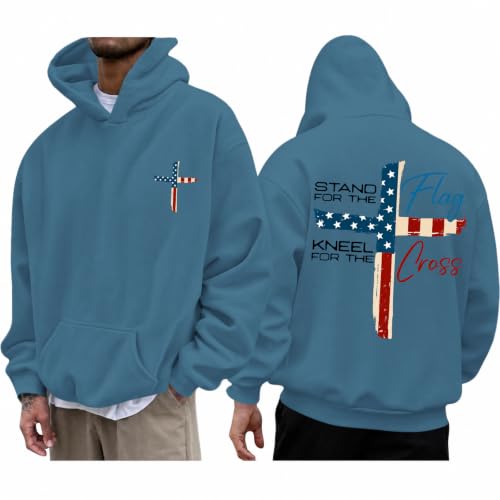 Tuislay Mens Christian Stand for The Flag Kneel for The Cross Hoodies Jesus Faith American Flag Sweatshirts Religious Sweater - color: Deep Blue, size: Large