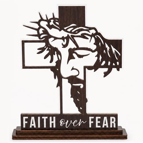 Christian Gifts for Men & Women, Faith Over Fear Wooden Cross Plaque Decor - color: Kat- kien - jesus plaque