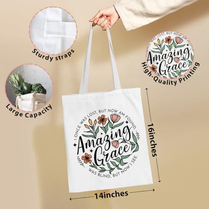 VICBOU Bible Verse Canvas Tote Bag Religious Christian Gifts for Women Men Faith Canvas Tote Reusable Grocery Bag - color: Amazinggrace