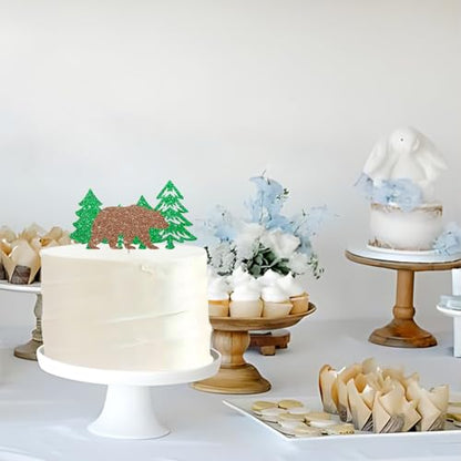 One Camping Bear Cake Topper, Camping Birthday Cake Decor, Green Glitter Lumberjack Cake Topper for Woodland Themed Baby Shower Party Decoration - style: Woodland Bear