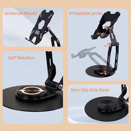 All-Metal Cell Phone Stand 360° Rotatable & Height Adjustable - 25KG Super Load-Bearing, Foldable Desk Stand for Phone, Compatible with iPhone 17/16/15/14, Nintendo Switch, Black - color: C-Quad-Fold - Black