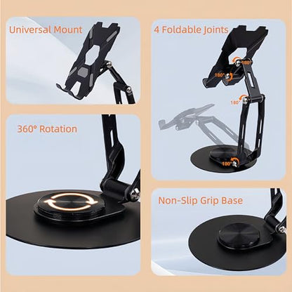 All-Metal Cell Phone Stand 360° Rotatable & Height Adjustable - 25KG Super Load-Bearing, Foldable Desk Stand for Phone, Compatible with iPhone 17/16/15/14, Nintendo Switch, Black - color: C-Quad-Fold - Black