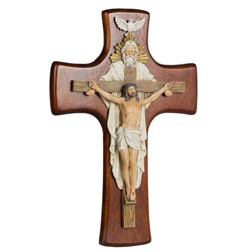 Grace4Joy Holy Trinity Wall Cross, 12 Inches Holy Trinity Crucifix Catholic Home Decor, Hand-Painted Resin Jesus on Wooden Crucifix Religious Housewarming Gifts - color: Cherry