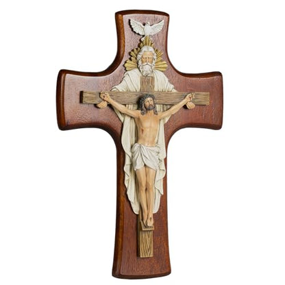 Grace4Joy Holy Trinity Wall Cross, 12 Inches Holy Trinity Crucifix Catholic Home Decor, Hand-Painted Resin Jesus on Wooden Crucifix Religious Housewarming Gifts - color: Cherry