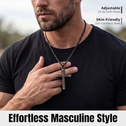 Wooden Cross Necklace for Men with Stainless Steel Adjustable Chain 24-26in, Christian Wood Crucifix Pendant Gift for Him - style: Ebony5