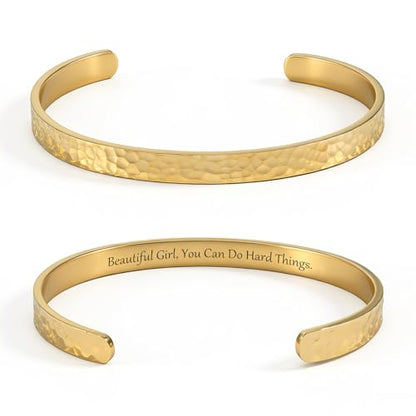 Inspirational Bible Verse Cuff Bracelet for Women, 18K Gold Plated Hammered Bangle, Christian Faith Jewelry Gift, Adjustable Non Tarnish - color: BEAUTIFUL G, YOU CAN DO HARD THINGS-Hammered Gold