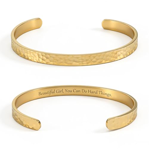 Inspirational Bible Verse Cuff Bracelet for Women, 18K Gold Plated Hammered Bangle, Christian Faith Jewelry Gift, Adjustable Non Tarnish - color: BEAUTIFUL G, YOU CAN DO HARD THINGS-Hammered Gold