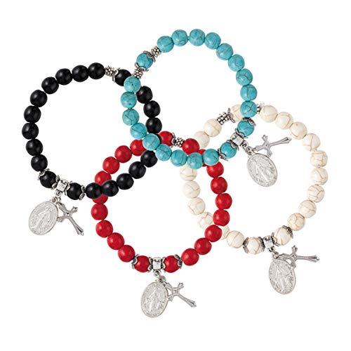 Religious Miraculous Medal Stretchable Bracelet with Cross Pendant, Pack of 4