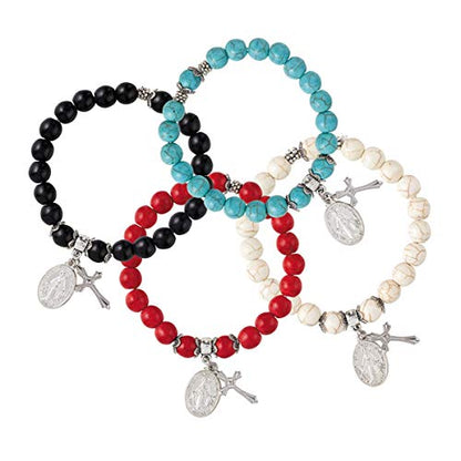 Religious Miraculous Medal Stretchable Bracelet with Cross Pendant, Pack of 4