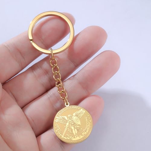 TEAMER Saint Michael Keychain Stainless Steel Religious St. Michael Keychain The Great Protector Archangel Amulet Jewelry - color: Gold
