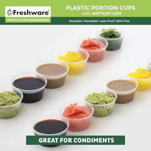 Freshware Plastic Portion Cups with Lids [3.25 Ounce, 100 Sets] Disposable Plastic Cups for Meal Prep, Salad Dressing, Jellos Shot Cups, Souffle Cups, Condiment and Dipping Sauce Cups - size: 3.25 oz - 100 sets