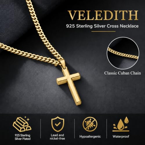925 Sterling Silver Cross Necklaces for Mens Women CZ Beveled Edge - color: Classic small silver cross