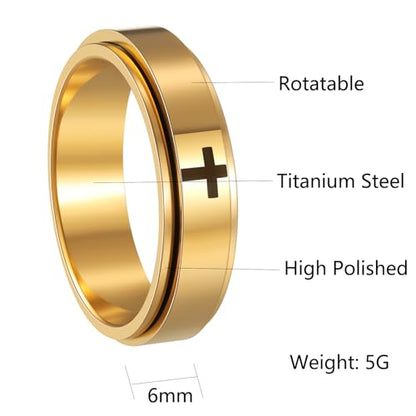 Mens Fidget Rings Anxiety Ring for Men 6mm 8mm Chain Spinner Ring Size 5-14 - color: Jet Gold