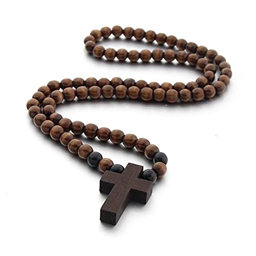 FORUBUS Wooden Cross Pendant Necklace - Wood Beads Cross Religion Necklace for Women Men Believer Prayer Baptism Jewelry - color: A brunet