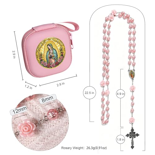 Handmade Rosary Beads for Women, Elegant Catholic Gifts for First Communion, Confirmation & Spiritual Prayer, Unique Beaded Rosary Necklace with Zippered Case - color: Pink - Our Lady of Guadalupe