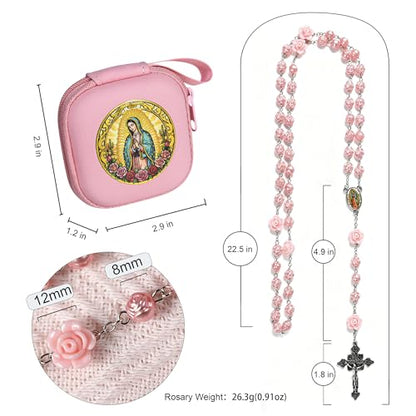 Handmade Rosary Beads for Women, Elegant Catholic Gifts for First Communion, Confirmation & Spiritual Prayer, Unique Beaded Rosary Necklace with Zippered Case - color: Pink - Our Lady of Guadalupe