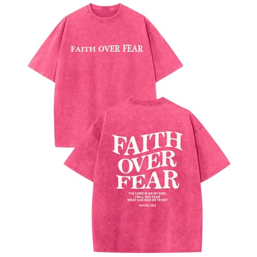 Christian Faith Over Fear Shirt for Men Jesus Religious Shirts Oversized Graphic Tees Acid Wash God T-Shirt - color: Pink, size: Small