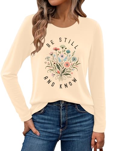 Christian Shirts for Women: Faith Over Fear T Shirt Religious Graphic Tee Bibel Verse Long Sleeve Tops - color: Apricot2, size: Small