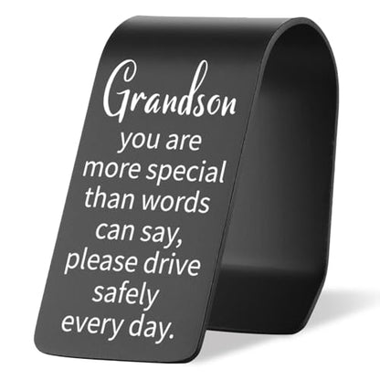 Vivopisew Grandson Car Visor Clip, Engraved Stainless Steel Drive Safe Gift From Grandparents, Family Love Safety Reminder Car Visor Clip, Grandson Graduation Drivers Daily Protection Gift VVA354 - color: Black-Grandson Car Visor Clip
