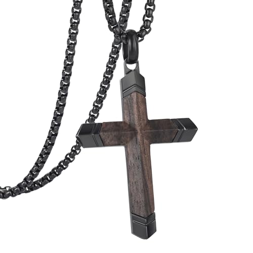 Wooden Cross Necklace for Men with Stainless Steel Adjustable Chain 24-26in, Christian Wood Crucifix Pendant Gift for Him - style: Ebony1