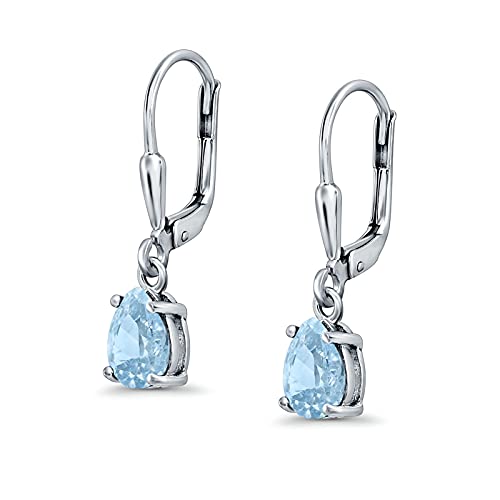 Teardrop Bridal Dangling Leverback Earrings Pear Cubic Zirconia 925 Sterling Silver - color: Simulated Aquamarine CZ