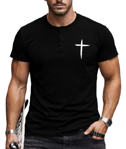 KESIHAN Christian Henley T Shirts for Men Cross Graphic Faith Casual Tee - color: Black-6, size: XX-Large