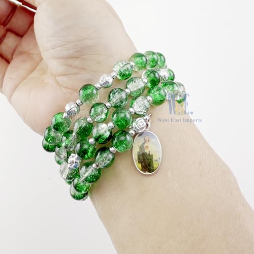 12 pcs Religious Wrap Rosary Bracelet, Green Beads with Cross and St. Jude Medal Charm, Memorial Prayer Favor - color: JA010S-grn