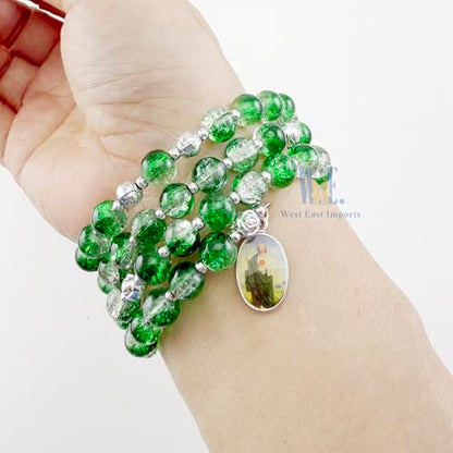 12 pcs Religious Wrap Rosary Bracelet, Green Beads with Cross and St. Jude Medal Charm, Memorial Prayer Favor - color: JA010S-grn