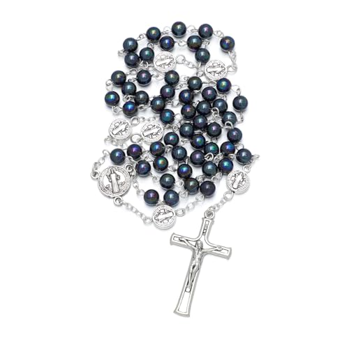 KOMI 6mm Glass Pearl Rosary Beads Catholic for Women with Metal Rosary Box Religious Gifts - style: St Benedict-black