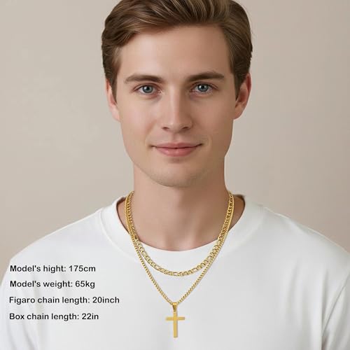 Fiusem 2 Pcs Cross Necklace Chain for Men, Stainless Steel Pendant - color: Gold, size: 20/22 Inches