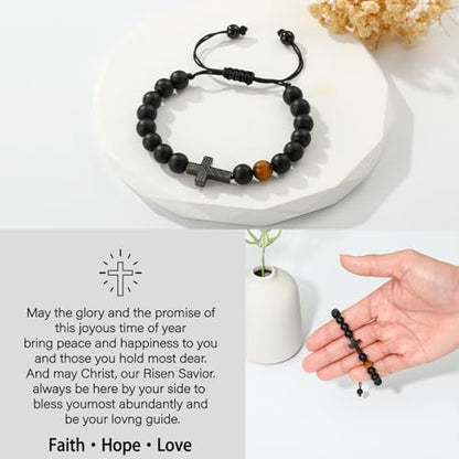 P. BLAKE Cross Bracelet for Boys Men, American Flag Cross Natural Beads Bracelet Christian Religious Birthday Jewelry Gifts for Teen Boys - style: Happy Easter