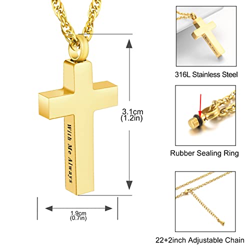 Cremation Cross Necklace for Ashes Stainless Steel Cross Urn Pendant Ashes Holder Memorial Jewelry-With Me Always - style: With me always-Gold