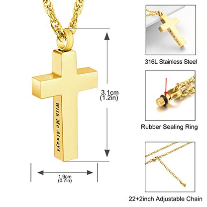 Cremation Cross Necklace for Ashes Stainless Steel Cross Urn Pendant Ashes Holder Memorial Jewelry-With Me Always - style: With me always-Gold engraving