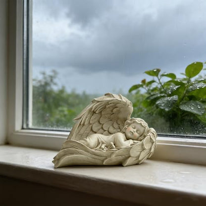 Sleeping Angel Statue, Baby in Wings Cherub Figurine - size: 7.9"H