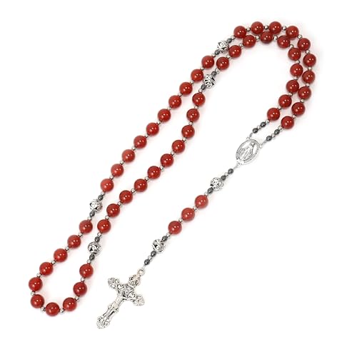 Nazareth Store Genuine Rosary Stone Beads Necklace Metal Beaded Glory Beads Miraculous Medal & Silver Cross Crucifix For Men and Womens - color: Red Garnet
