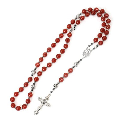 Nazareth Store Genuine Rosary Stone Beads Necklace Metal Beaded Glory Beads Miraculous Medal & Silver Cross Crucifix For Men and Womens - color: Red Garnet