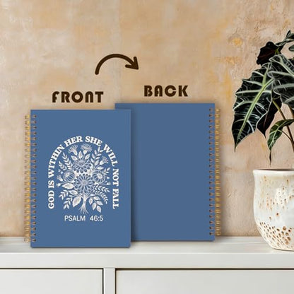 Boho Blue Floral Christian Prayer Notebook Journal, God Is Within Her She Will Not Fall Religious Bible Verse Spiral Hardcover Notebook Journal for Study Office Work, 5.5x8.3 Inch - color: Dusty Blue Flowers & Bible
