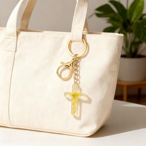 Angyape Cute Christian Cross Keychain for Women Purse Bag Charms Car Key Rings Accessories Flower Design Jesus Faith Gifts - color: D: Yellow Keychain