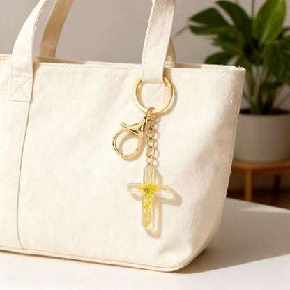 Angyape Cute Christian Cross Keychain for Women Purse Bag Charms Car Key Rings Accessories Flower Design Jesus Faith Gifts - color: D: Yellow Keychain