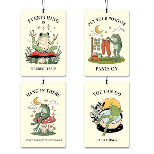 Cute Frog Car Air Freshener 4Pcs,Motivational Quote Hanging Freshies,Positive Affirmation Rearview Mirror Decor,Mushroom Frog Car Accessories,Funny Frog Gifts - color: Green
