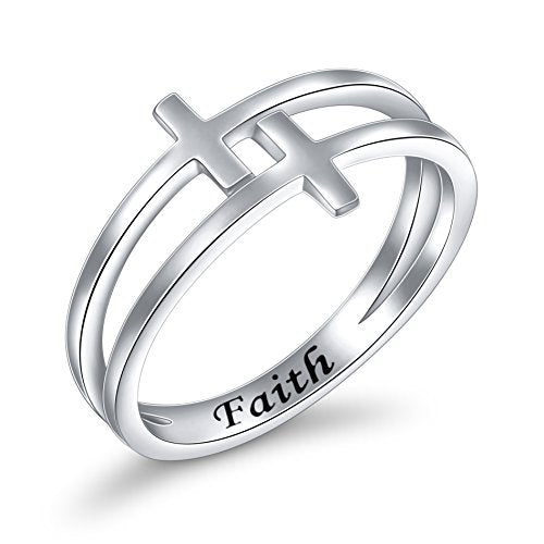FLYOW Inspirational Jewelry Sterling Silver Engraved Faith Double Cross Ring Christian Fashion Band Ring for Women Mother, Size 5-10