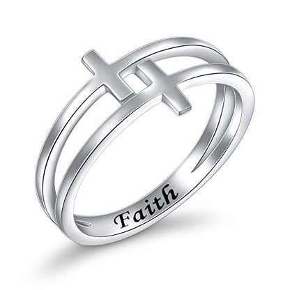 FLYOW Inspirational Jewelry Sterling Silver Engraved Faith Double Cross Ring Christian Fashion Band Ring for Women Mother, Size 5-10