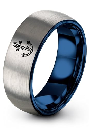 Gift for Nautical Fan - Anchor With Rope Ring - Men Women - Tungsten - Flat Dome Bevel - Band - Yellow Gold Black Silver Blue - Anniversary Wedding - 8mm - Brushed Polished - Personalized Custom Engra - color: 03 - Blue Grey Tungsten