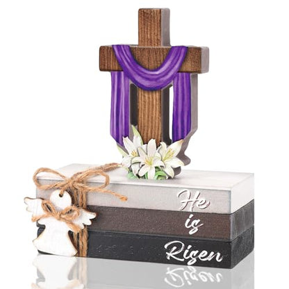 Bememo 5 Pcs Easter Decorations He is Risen Cross Wooden Sign Easter Tiered Tray Decor Christian Religious Decorative Faux Book Stack Block for Spring Home Table Fireplace Mantel Floating Shelf