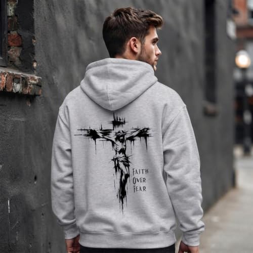 BINTEHGS Faith Over Fear Hoodie Christian Religious Hoodies for Men Oversized Cross Graphic Sweatshirts Jesus God Pullover - color: Light Gray, size: XX-Large