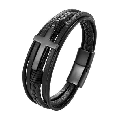 Fahonie Cross Leather Bracelet for Men Women 316L Stainless Steel with 18K Gold Plated Christ Jesus Multi-layer Handmade Christian Bracelet,7.5/8/9 Inches - color: Black