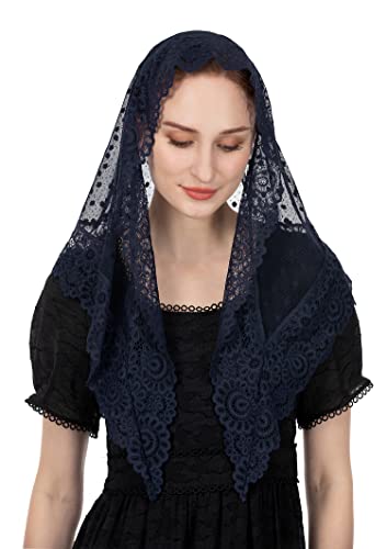 Wgior Triangle Vintage Inspired Lace Chapel Veils Catholic Mass Head Covering Scarf Mantilla Veils for Church - color: Navy Blue