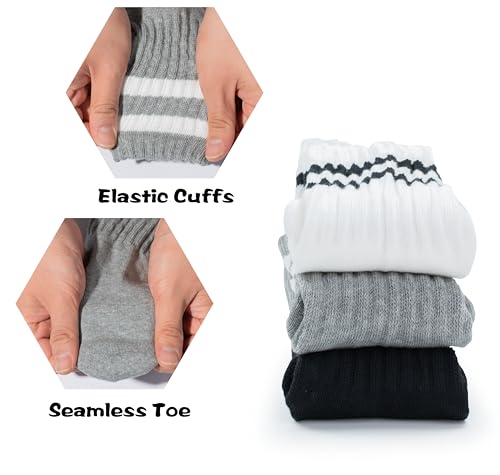 BomKinta Womens Striped Crew Socks Retro Above Ankle Cotton Sock Size 5-10 - color: 3 Pairs-black White Grey
